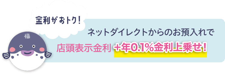 金利がお得！ネットダイレクトからのお預入れで店頭表示金利+年0.1%金利上乗せ！